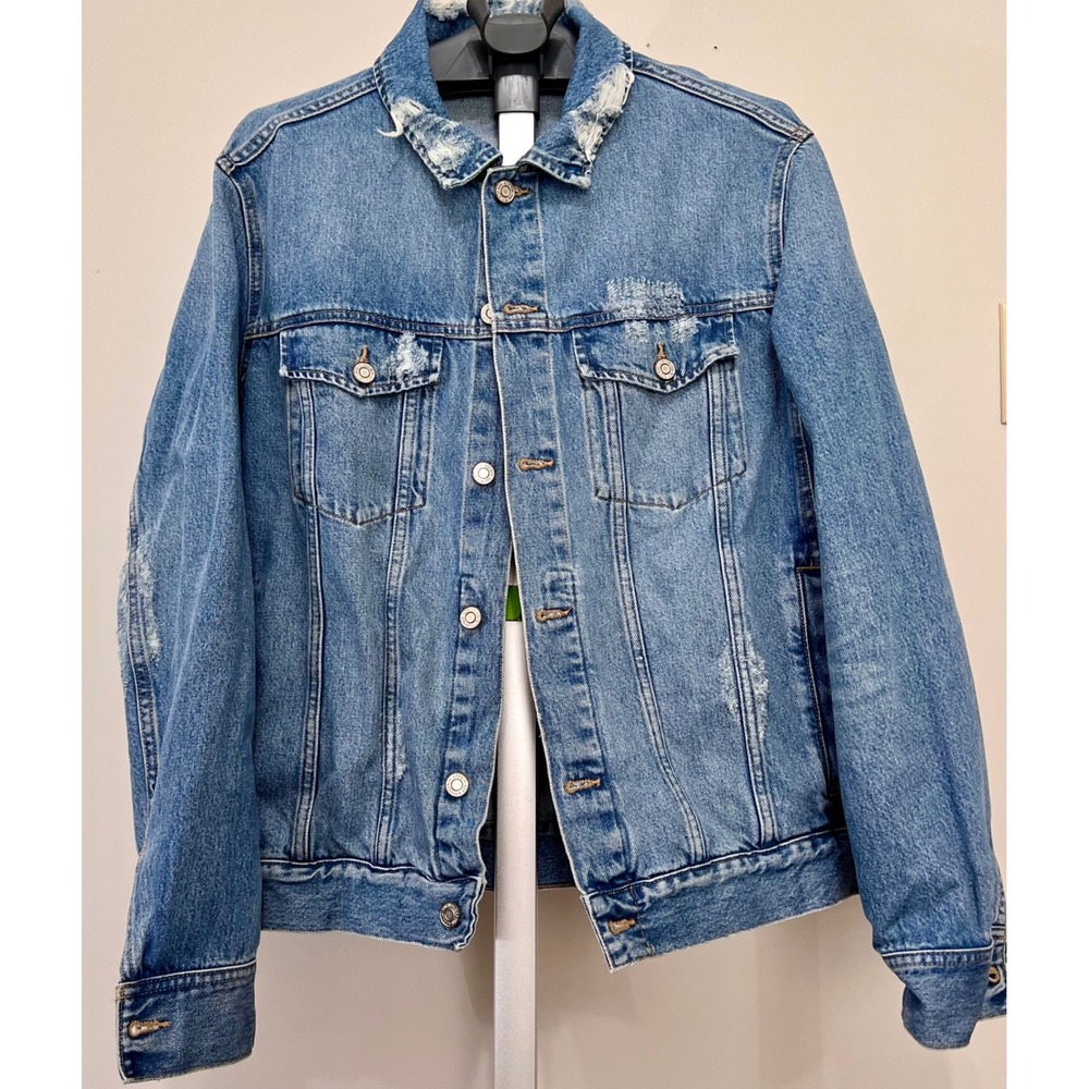 Women's Distressed Denim Trucker Jacket XXL Blue Washed Cotton RN 111386